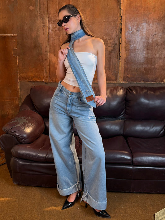 Tie wide leg jeans- cloud blue - detachable denim tie (Mid-waist)