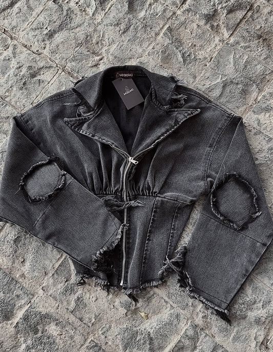 Washed grey corset denim jacket