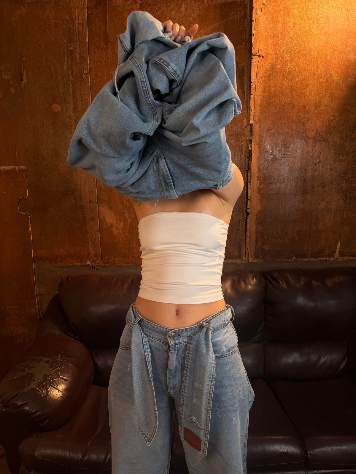 Tie wide leg jeans- cloud blue - detachable denim tie (Mid-waist)