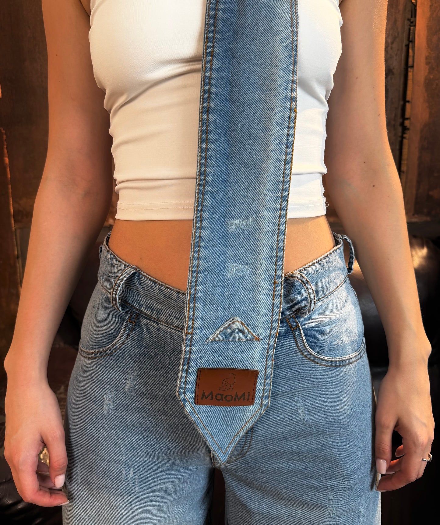 Tie wide leg jeans- cloud blue - detachable denim tie (Mid-waist)