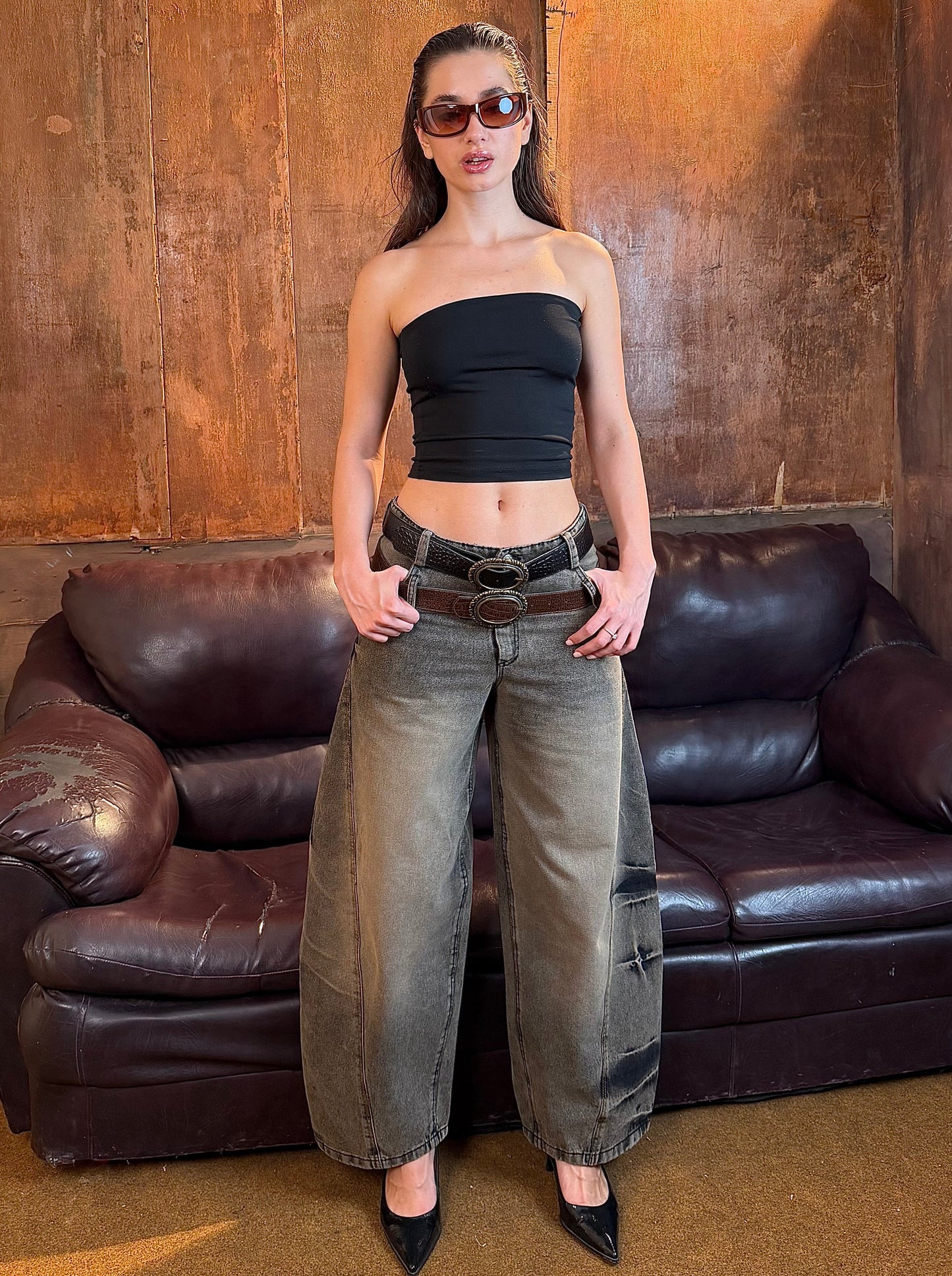 Downtown double + belt jeans (Low-waist)