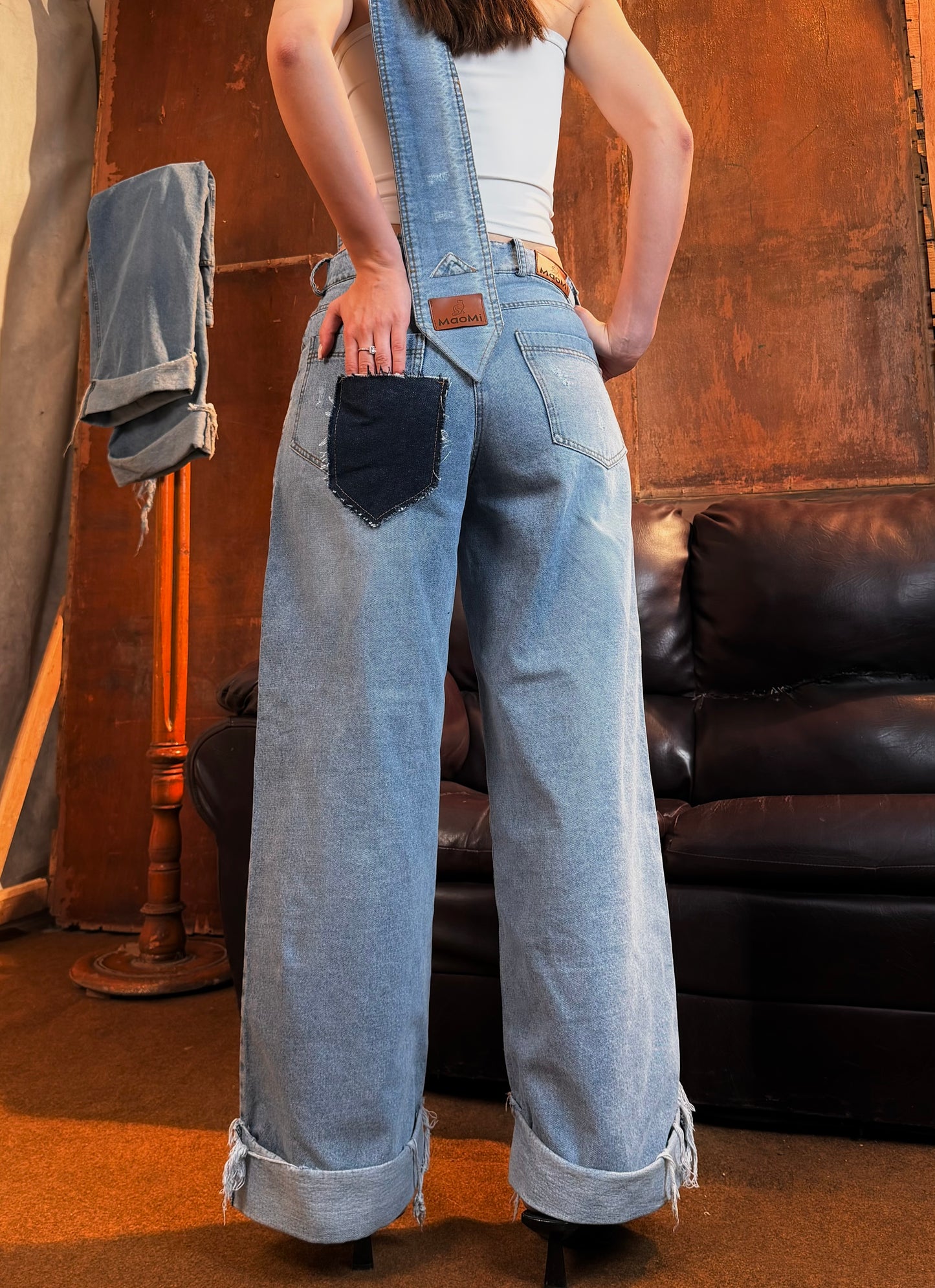 Tie wide leg jeans- cloud blue - detachable denim tie (Mid-waist)