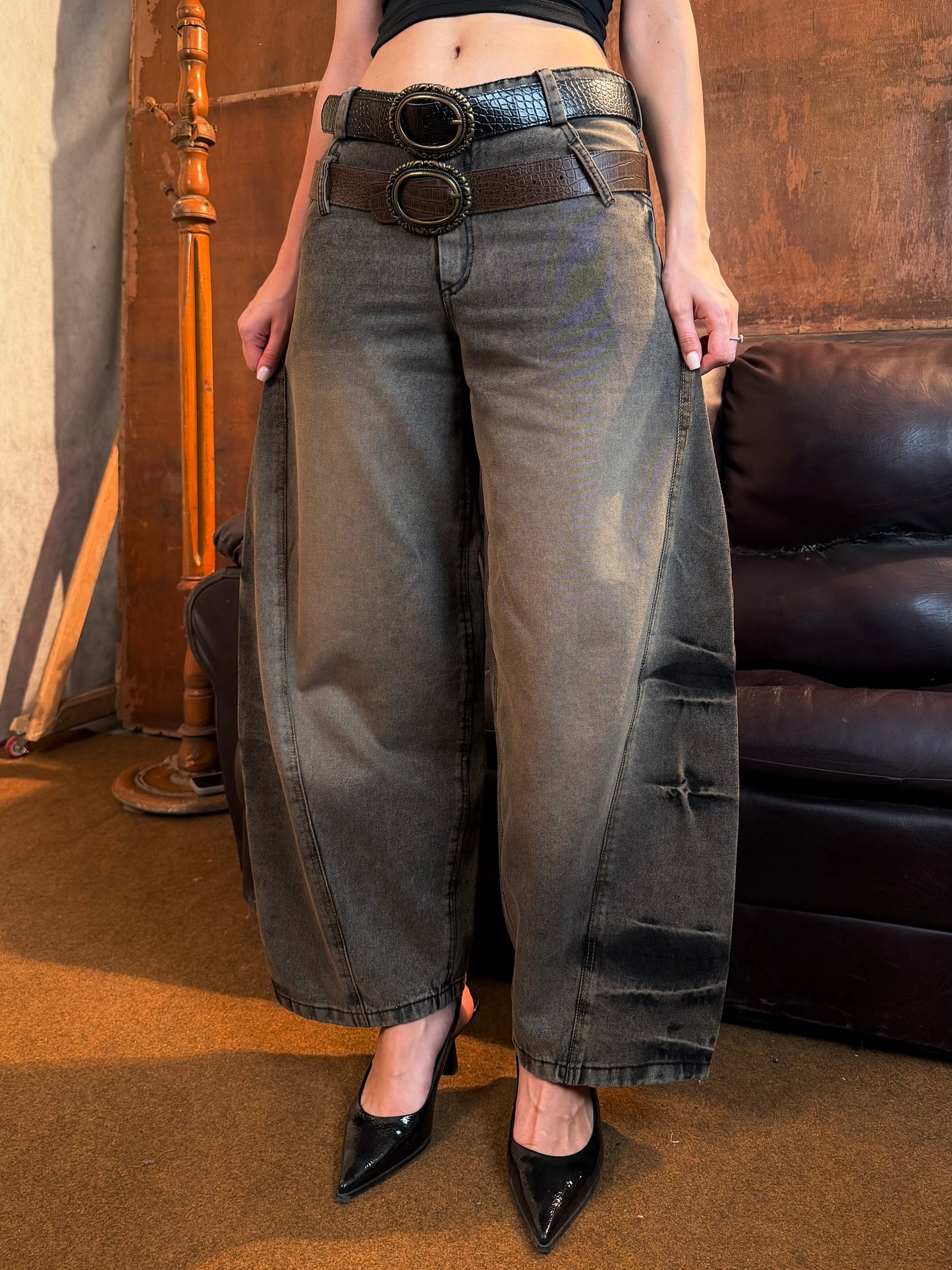 Downtown double + belt jeans (Low-waist)
