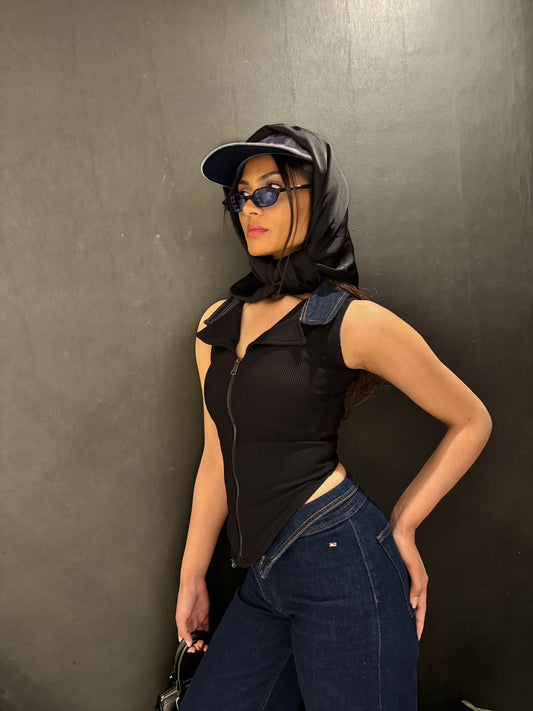 zipper top with a touch of denim