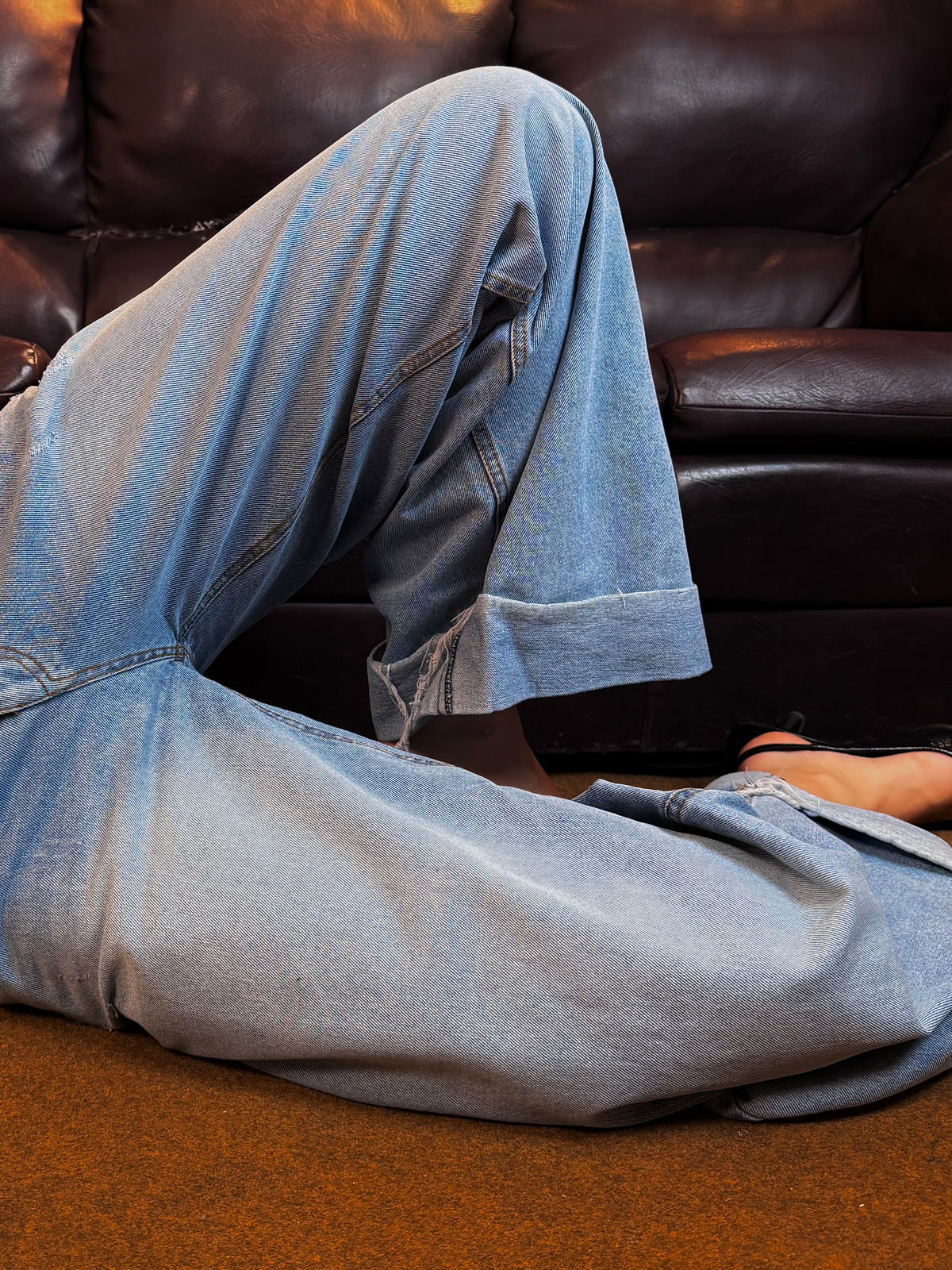 Tie wide leg jeans- cloud blue - detachable denim tie (Mid-waist)